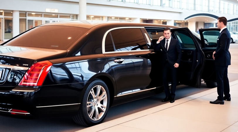 luxury limousine at airport with chauffeur and passenger