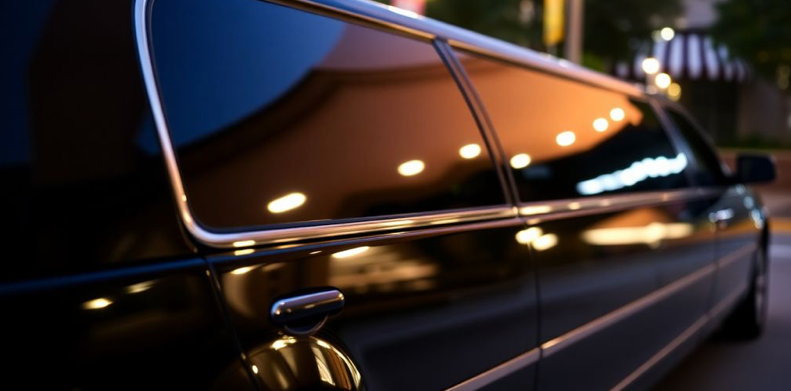 luxury limousine parked beside a sleek modern building
