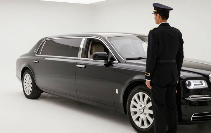 A person in uniform stands beside a black limousine in a white studio.