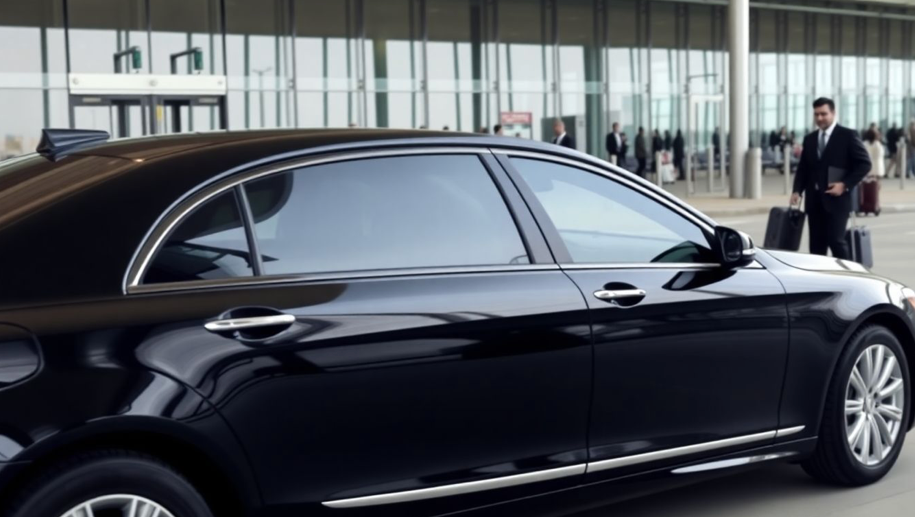 luxury sedan and chauffeur at Newark Airport terminal curb