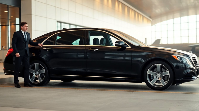 luxury sedan and chauffeur at airport