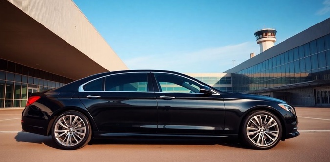 luxury sedan arriving at airport terminal