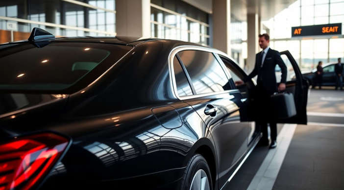 Man in suit exiting a black car at an airport terminal, holding a briefcase.