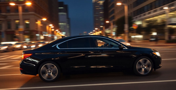 luxury sedan driving on a city street at night
