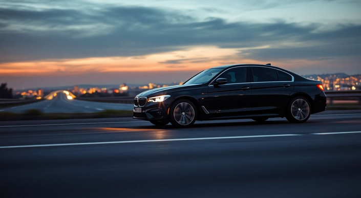 luxury sedan driving on a highway at dusk