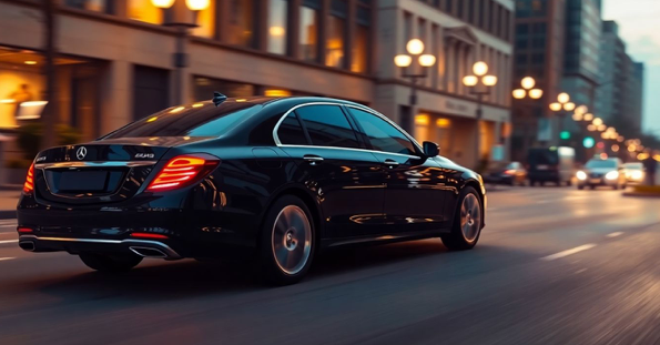 luxury sedan driving through city at dusk