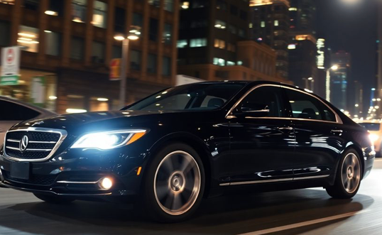 luxury sedan navigating a busy city street at night