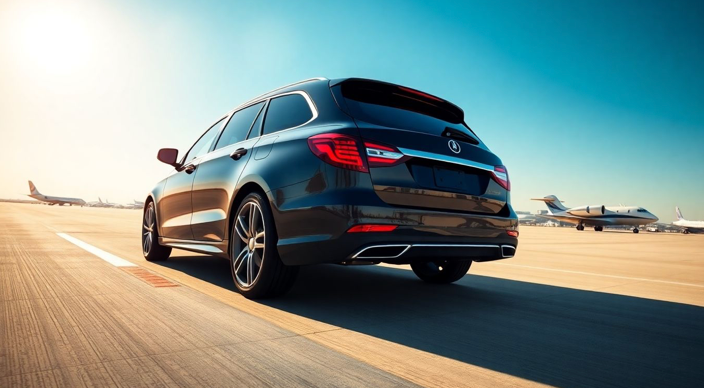 luxury sedan on airport tarmac