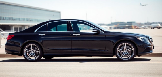 luxury sedan parked at airport terminal