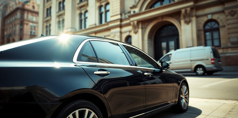luxury sedan parked in front of historic Philadelphia building