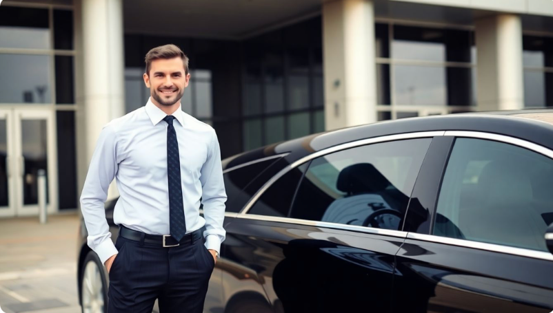 luxury sedan waiting at airport terminal with chauffeur
