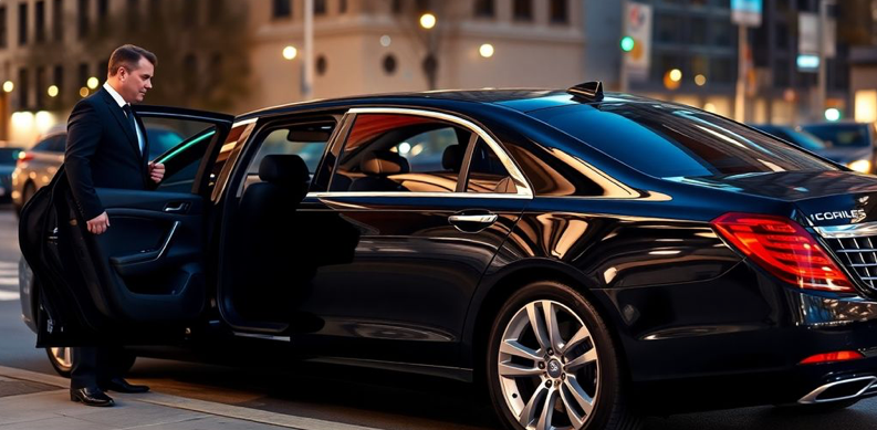 luxury sedan dark interior professional chauffeur city lights