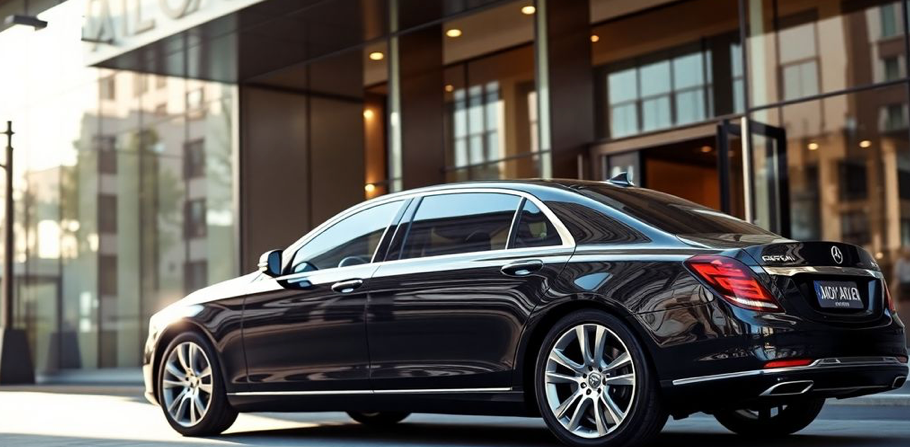 luxury dark tinted sedan parked outside of modern building