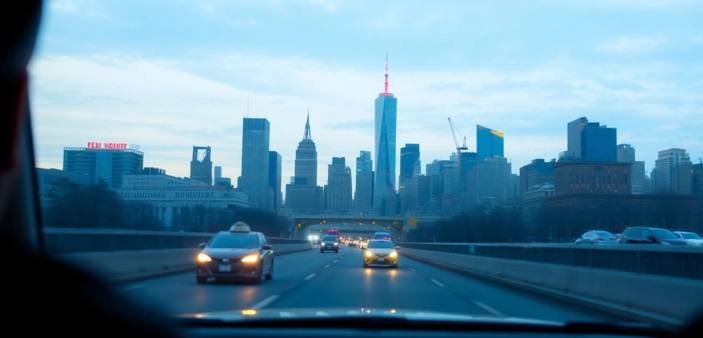 Manhattan skyline view from inside a chauffeur driven car
