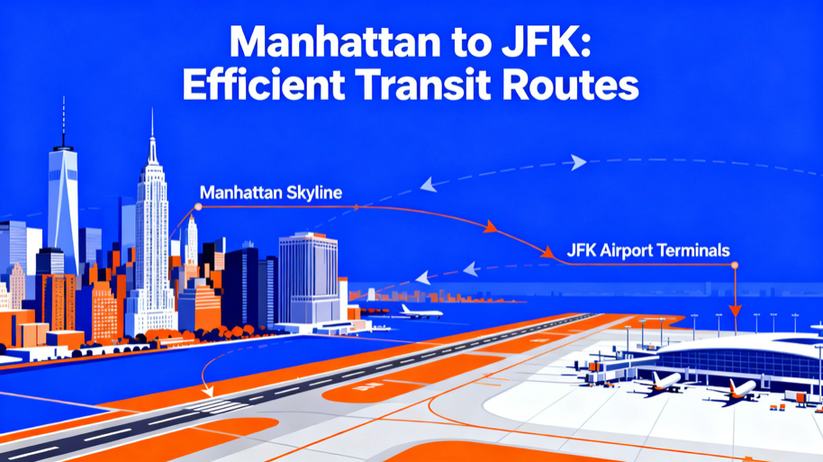 Manhattan to JFK Airport travel infographic with nyc skyline