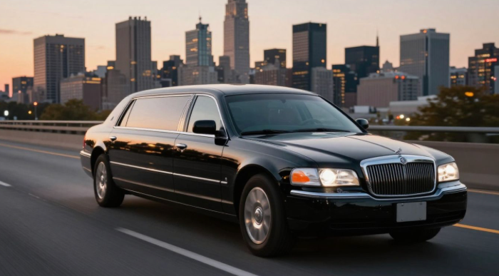 NYC limousine with city skyline in background