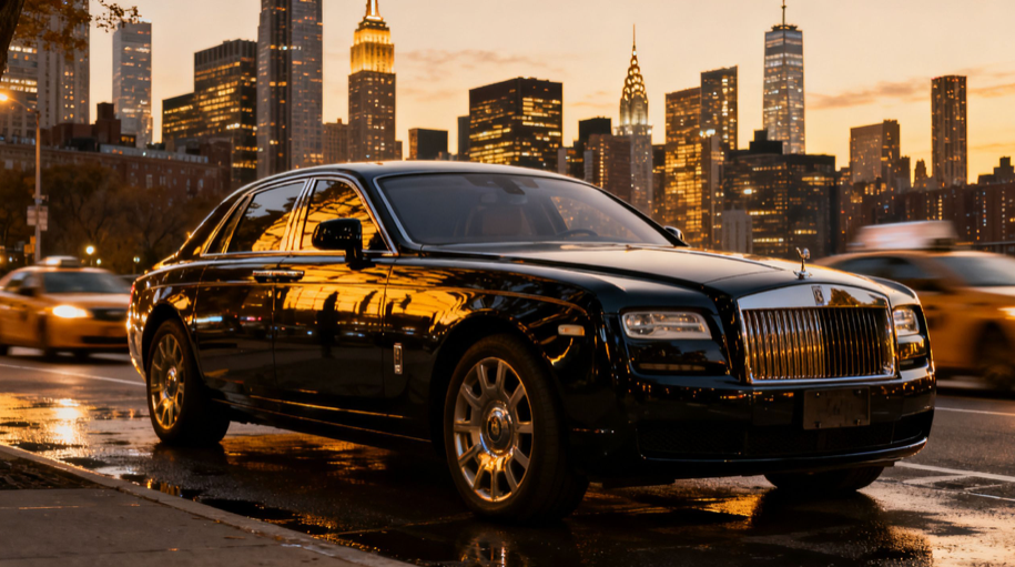 Sleek NYC corporate car service with city skyline