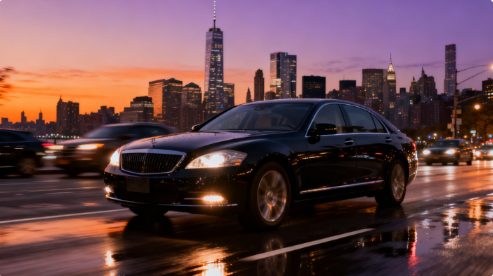 sleek black executive car driving through NYC at dusk