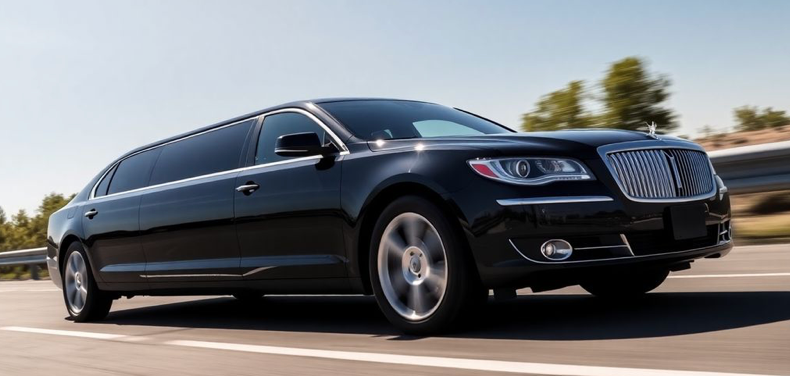 sleek black limousine driving on a highway