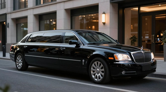 sleek black limousine in front of a corporate building