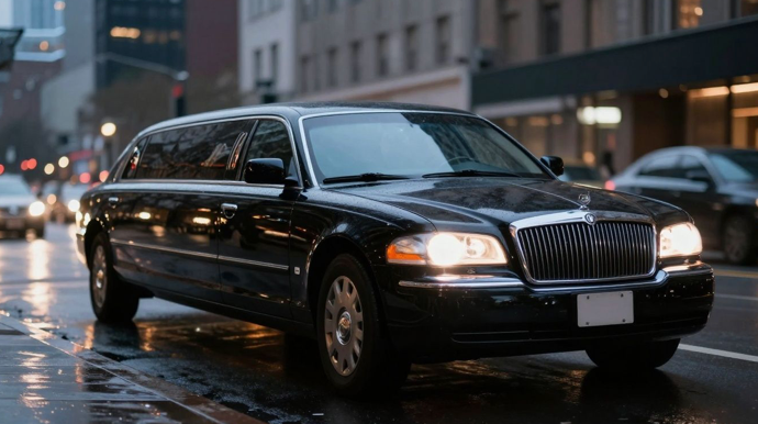 Sleek black limousine on a wet city street at dusk