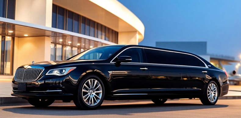 sleek black limousine parked near a modern airport terminal