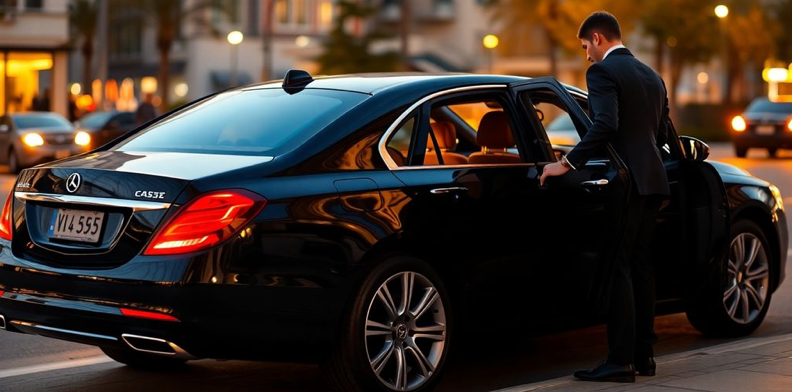 sleek black luxury car chauffeur opening door
