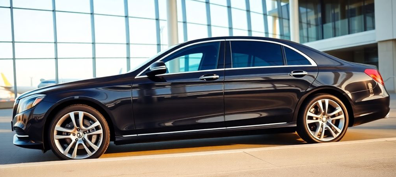 sleek black luxury sedan parked at airport terminal