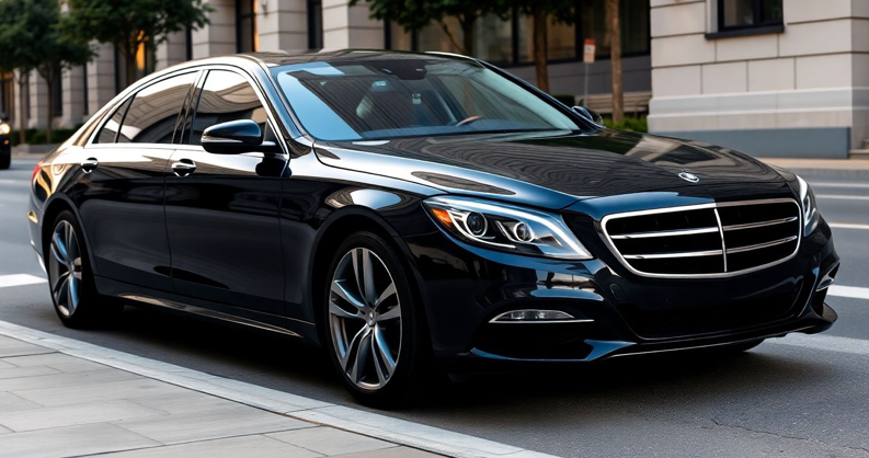 Sleek+black+sedan+parked+curbside-+ready+for+service