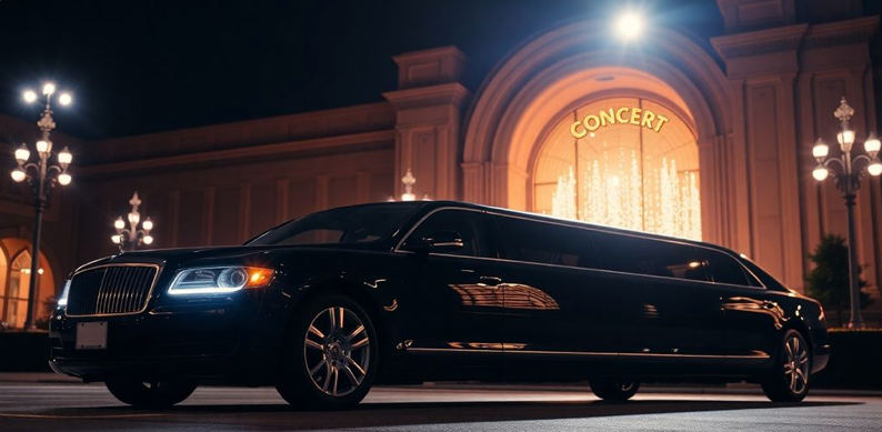 sleek limousine parked outside a vibrant concert venue