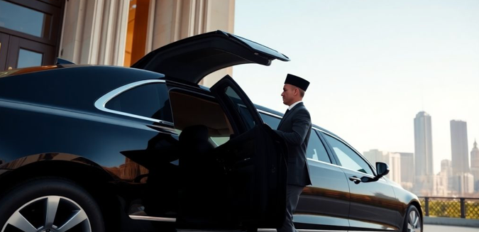 sleek limousine parked with city skyline in the background