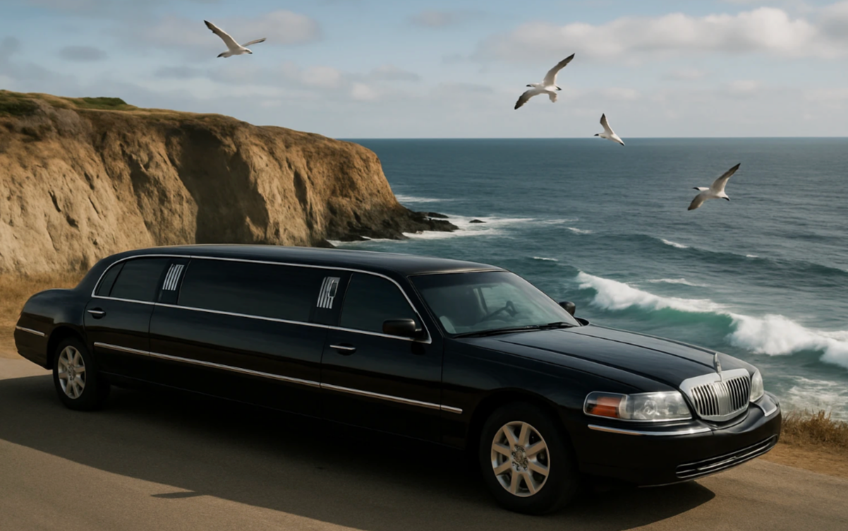 Stretch limousine at the shore of the Hamptons Bay