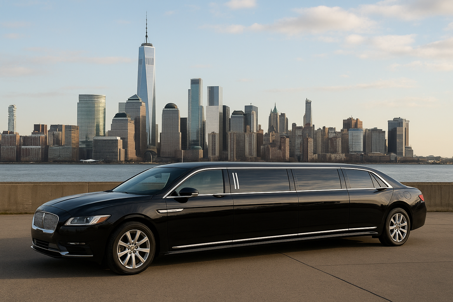 stretch limousine with backdrop of nyc skyline