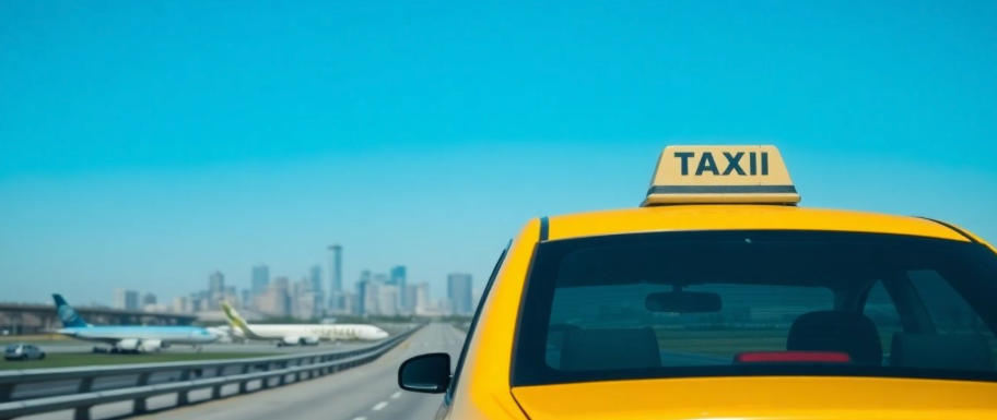 Taxi driving towards Manhattan skyline from Ne