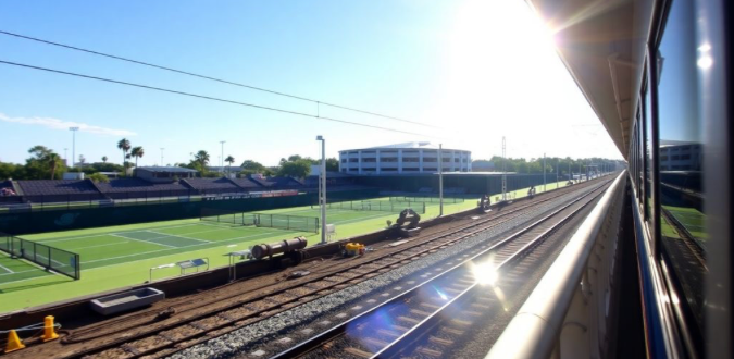 train approaching station near tennis courts