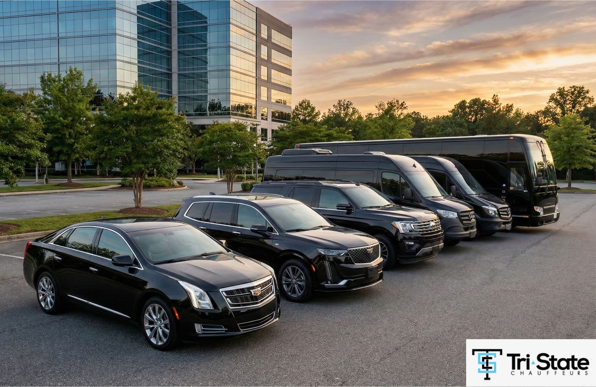 Black sedans and SUVs lined up in a parking lot at sunset with office buildings in the background