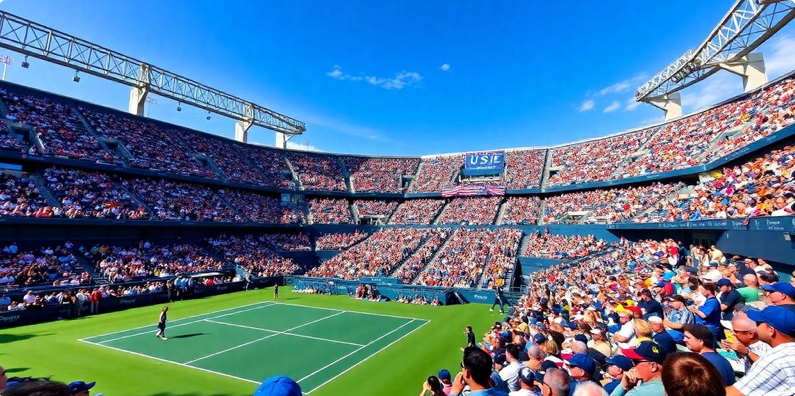 US Open Tennis tournament with stadium and crowds