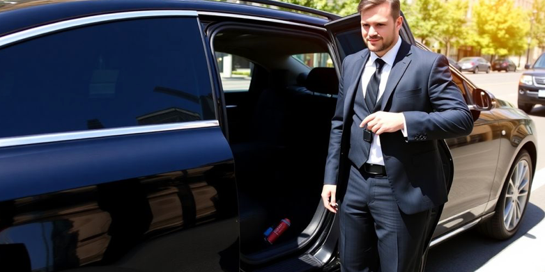 uniformed chauffeur standing beside open car door revealing leather interior