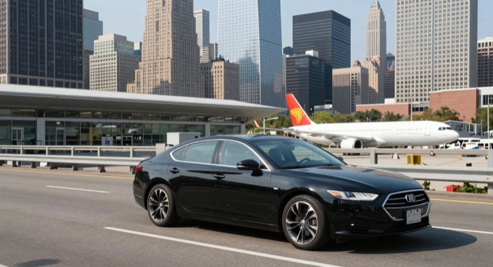 airport car service driving past JFK Airport in NYC