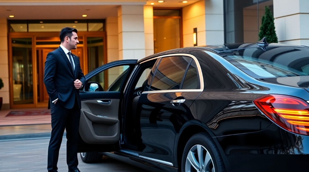 chauffeur standing in front of a sleek black luxury sedan parked in front of a hotel entrance