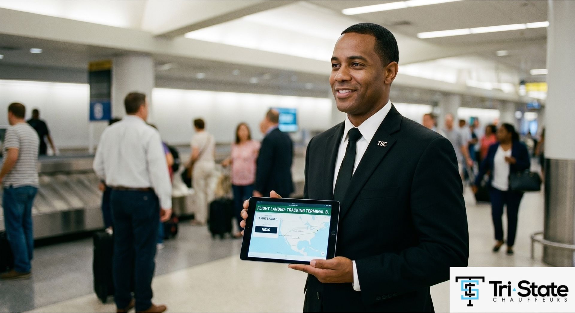 chauffeur inside terminal B arrivals hall