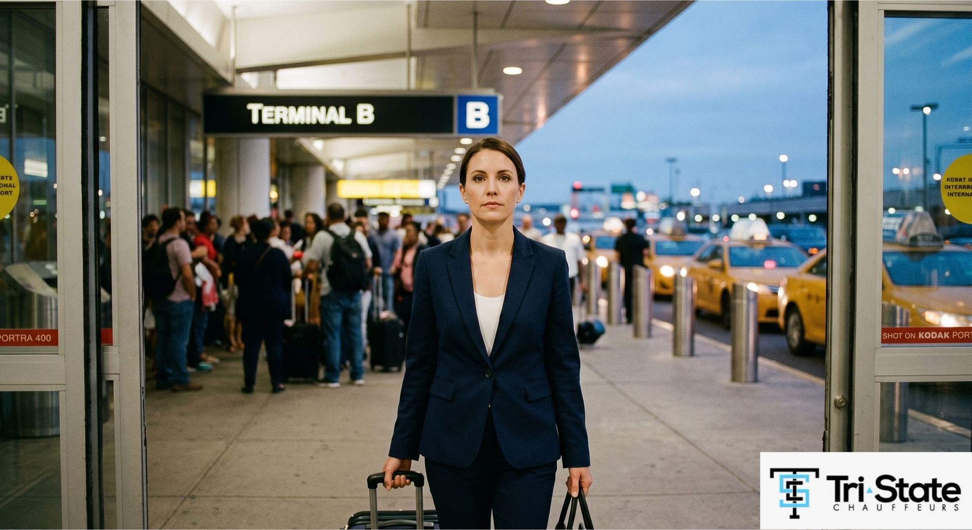 female business traveler at busy newark terminal B exit