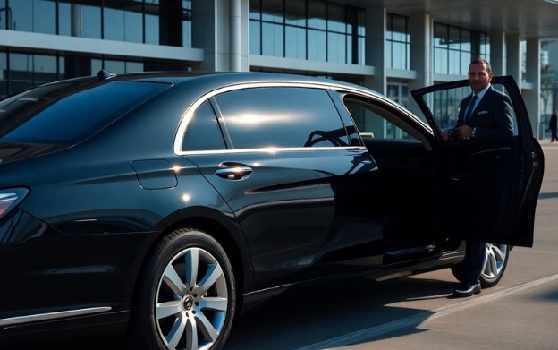 luxury sedan with chauffeur outside airport terminal opening door for passenger
