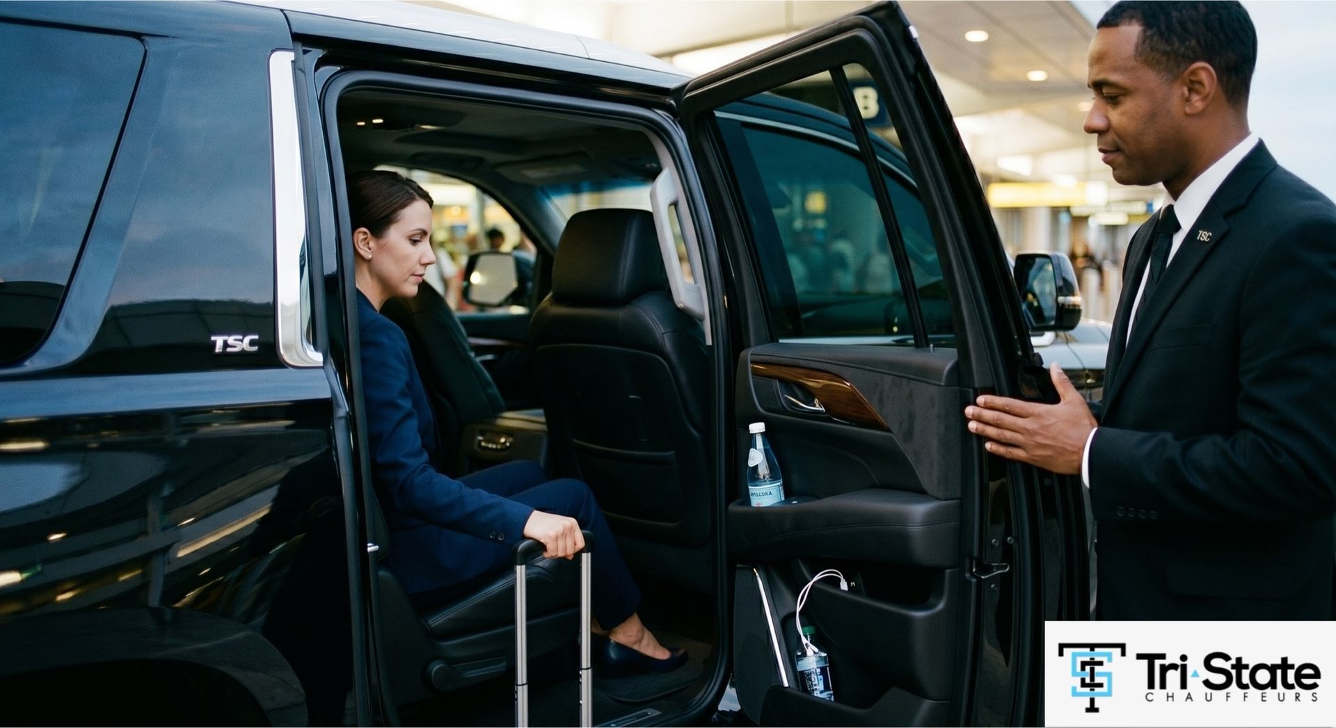 chauffeur holds the door open assisting a female traveler