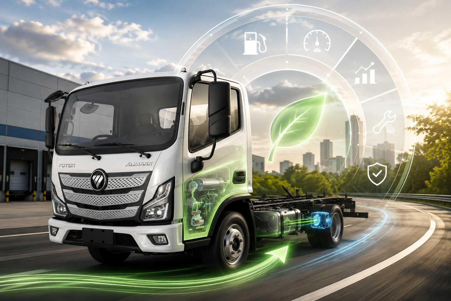 Camión Foton Euro 6 operando en entorno urbano con tecnología eficiente y enfoque en sostenibilidad
