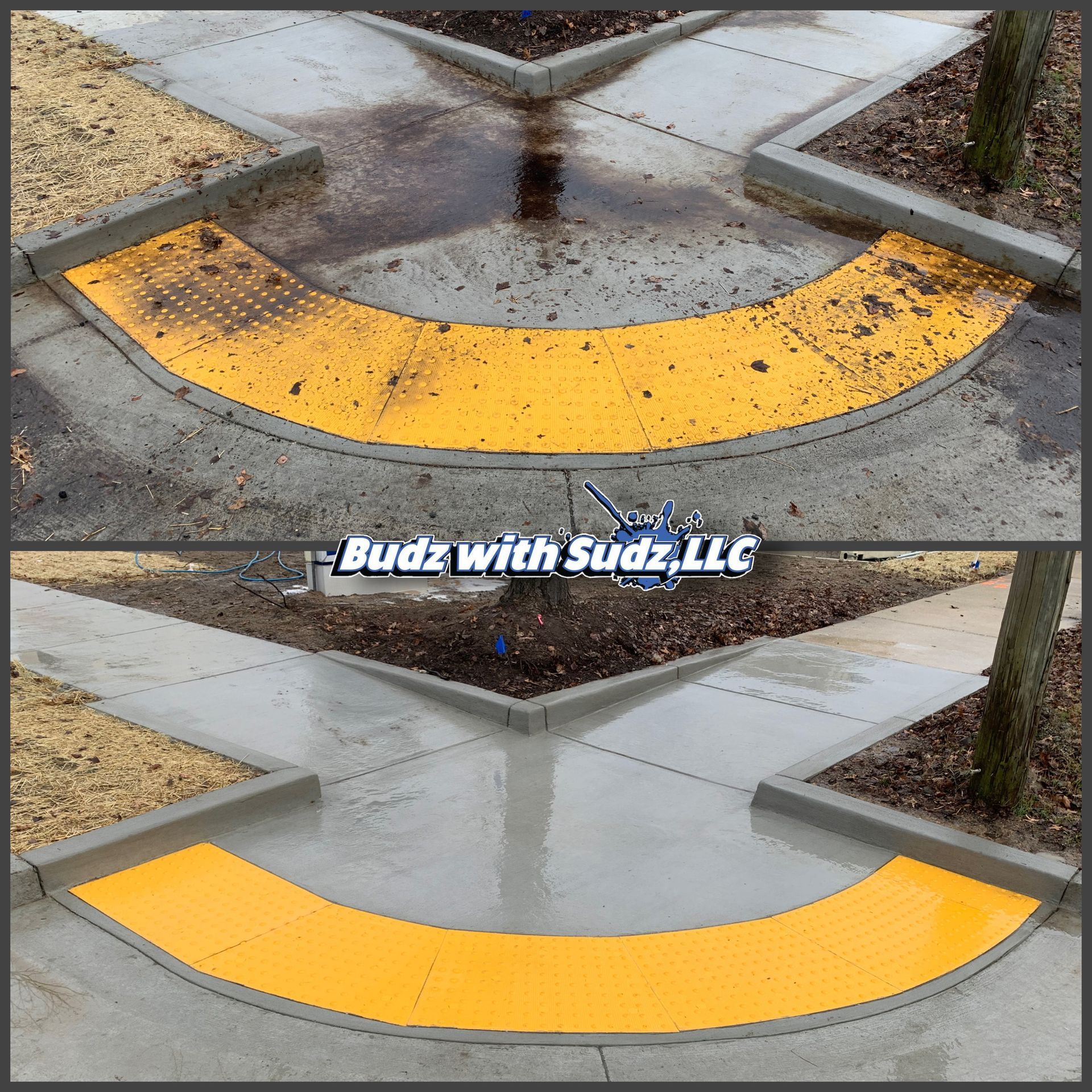 A before and after photo of a sidewalk by budz with sudz llc