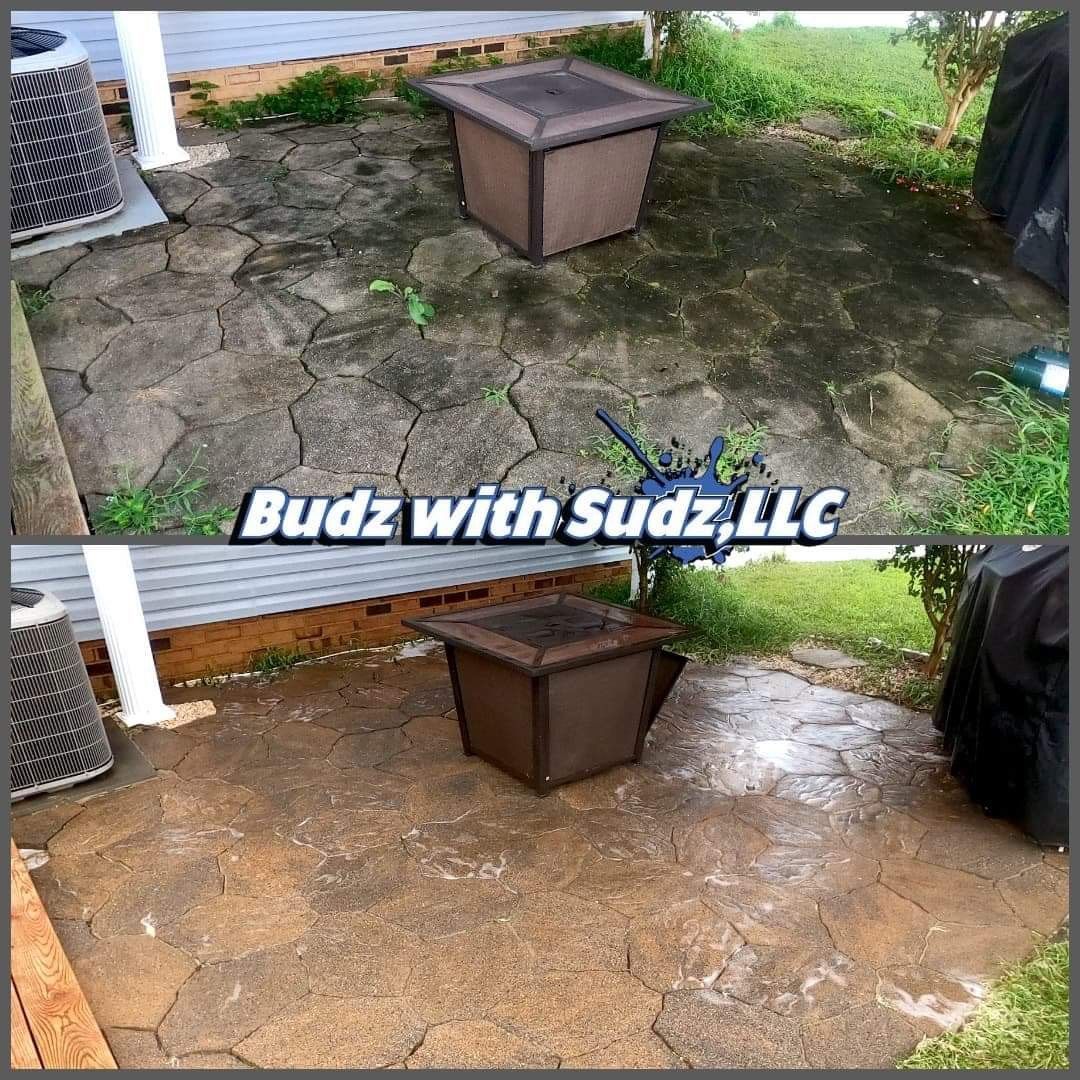 A picture of a patio before and after being cleaned by budz with sudz llc
