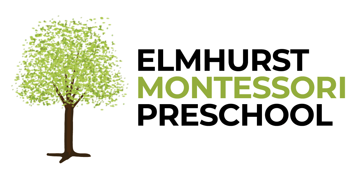 The logo for elmhurst montessori preschool shows a tree with green leaves.
