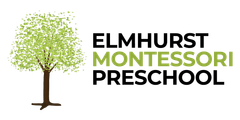 The logo for elmhurst montessori preschool shows a tree with green leaves.