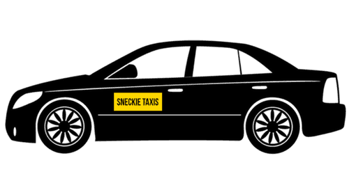 A black car with a yellow sign on the side that says snicke taxi.